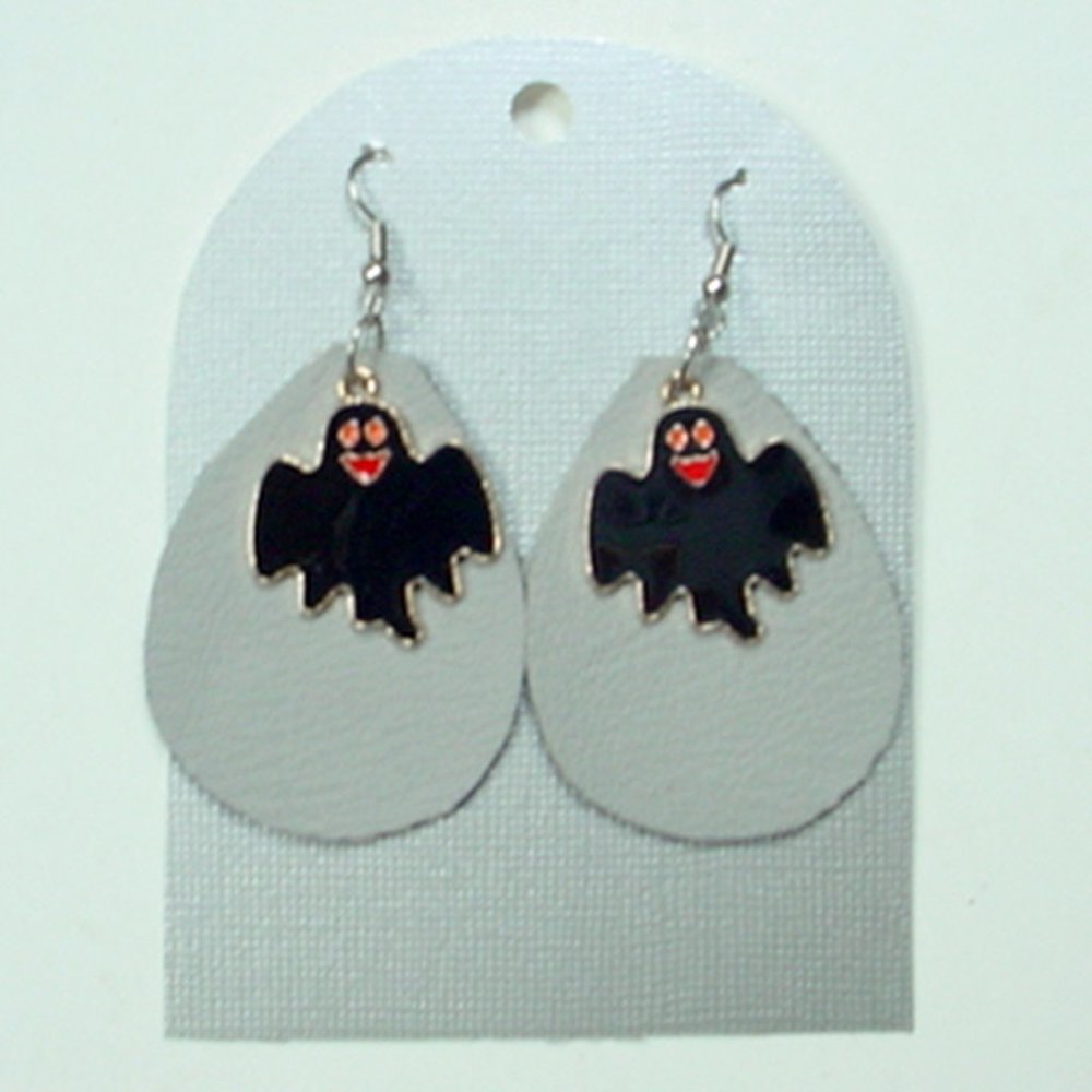 CUTE HALLOWEEN GHOST EARRINGS REAL LEATHER BLACK ENAMEL CHARMS